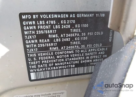 2010 Volkswagen Tiguan Wolfsburg Edition z USA, uszkodzony, nr VIN WVGAV7AX8AW001739
